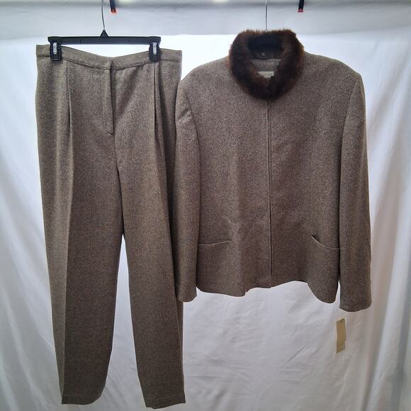 Lord & Taylor NWT Tweed Wool Silk Pant Suit Detachable Faux Fur Collor Tan SZ-16 - Picture 1 of 13